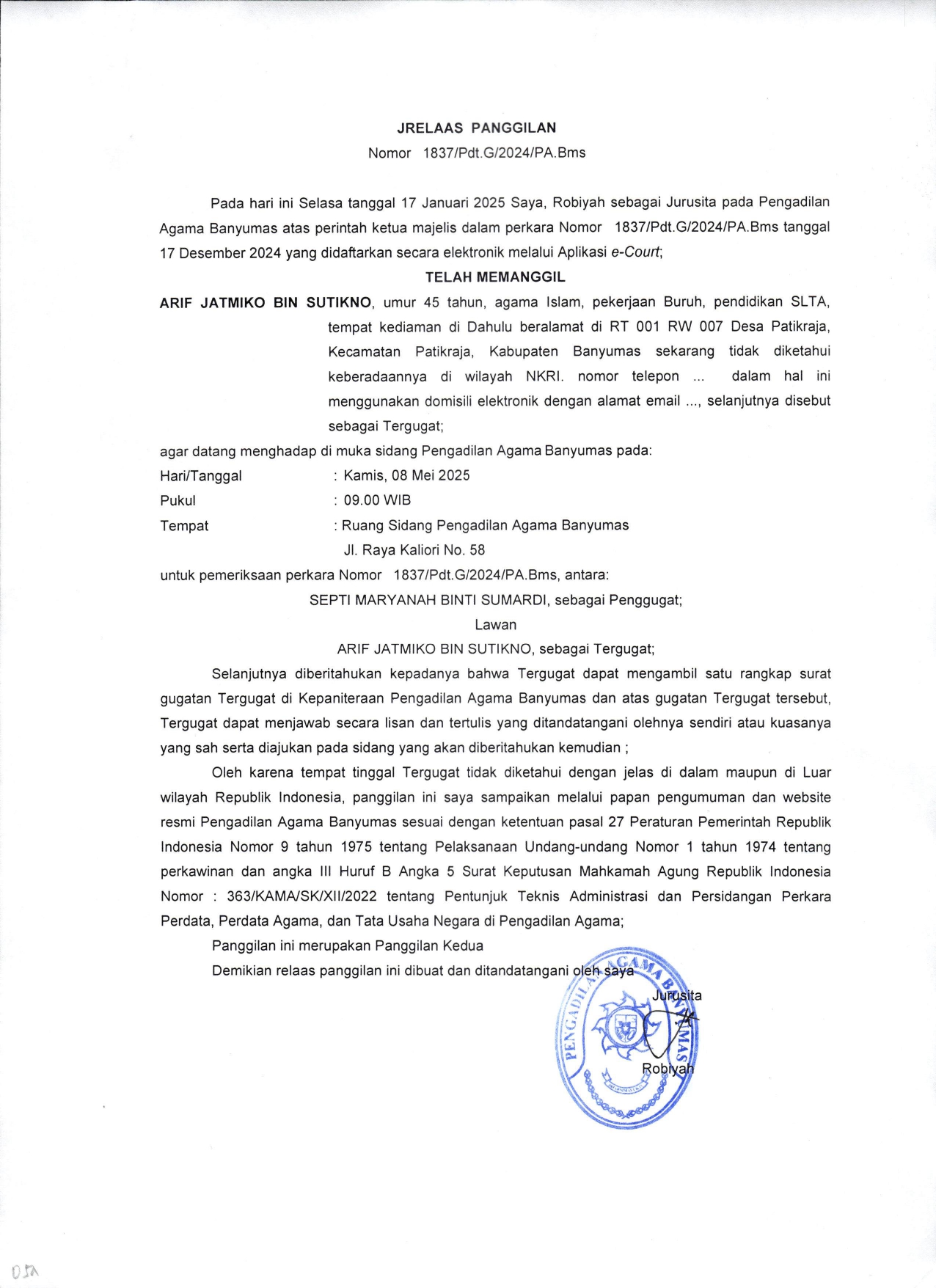 Relaas Panggilan Nomor 1837Pdt.G2024PA.Bms