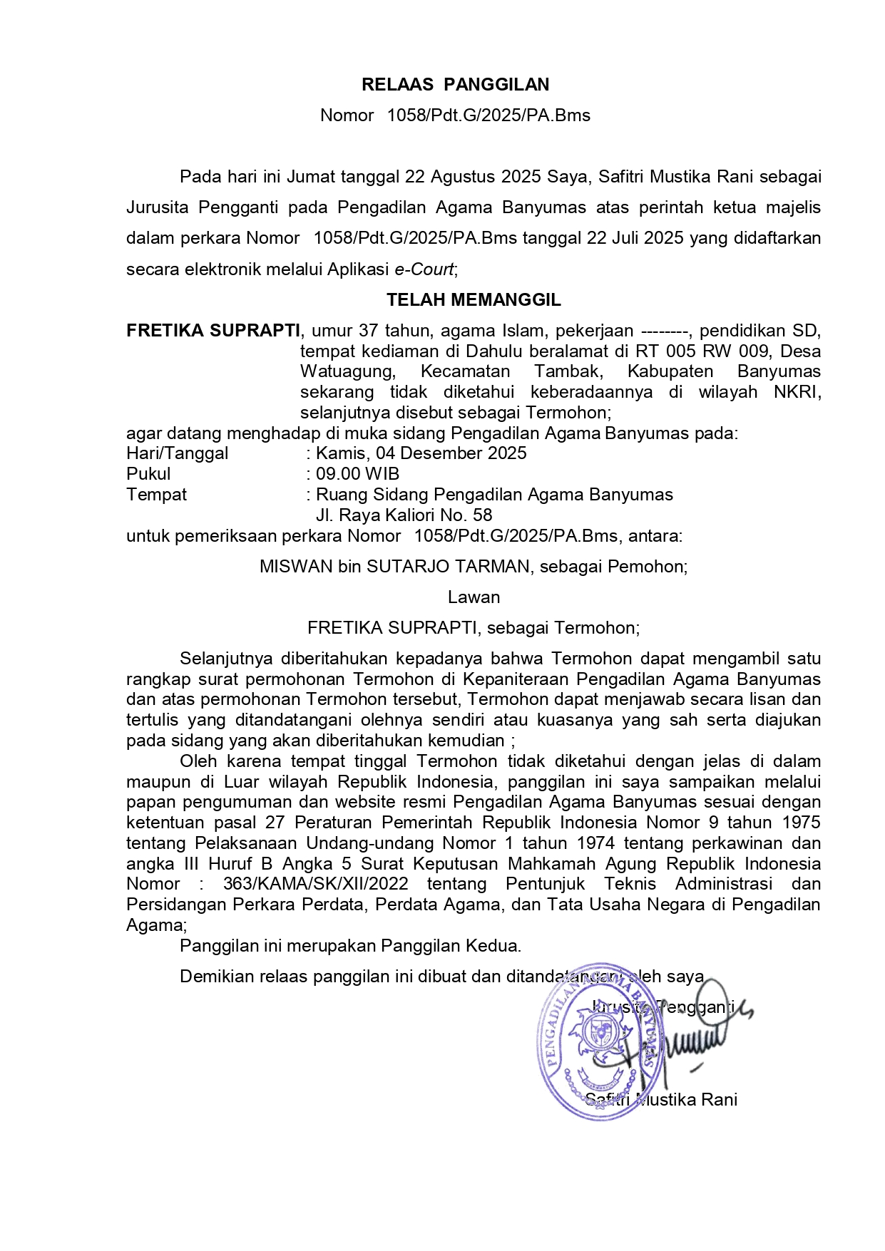 1058 Pdt.G 2025 PA.Bms surat tercatat T pertama ghoib 2 page 0001