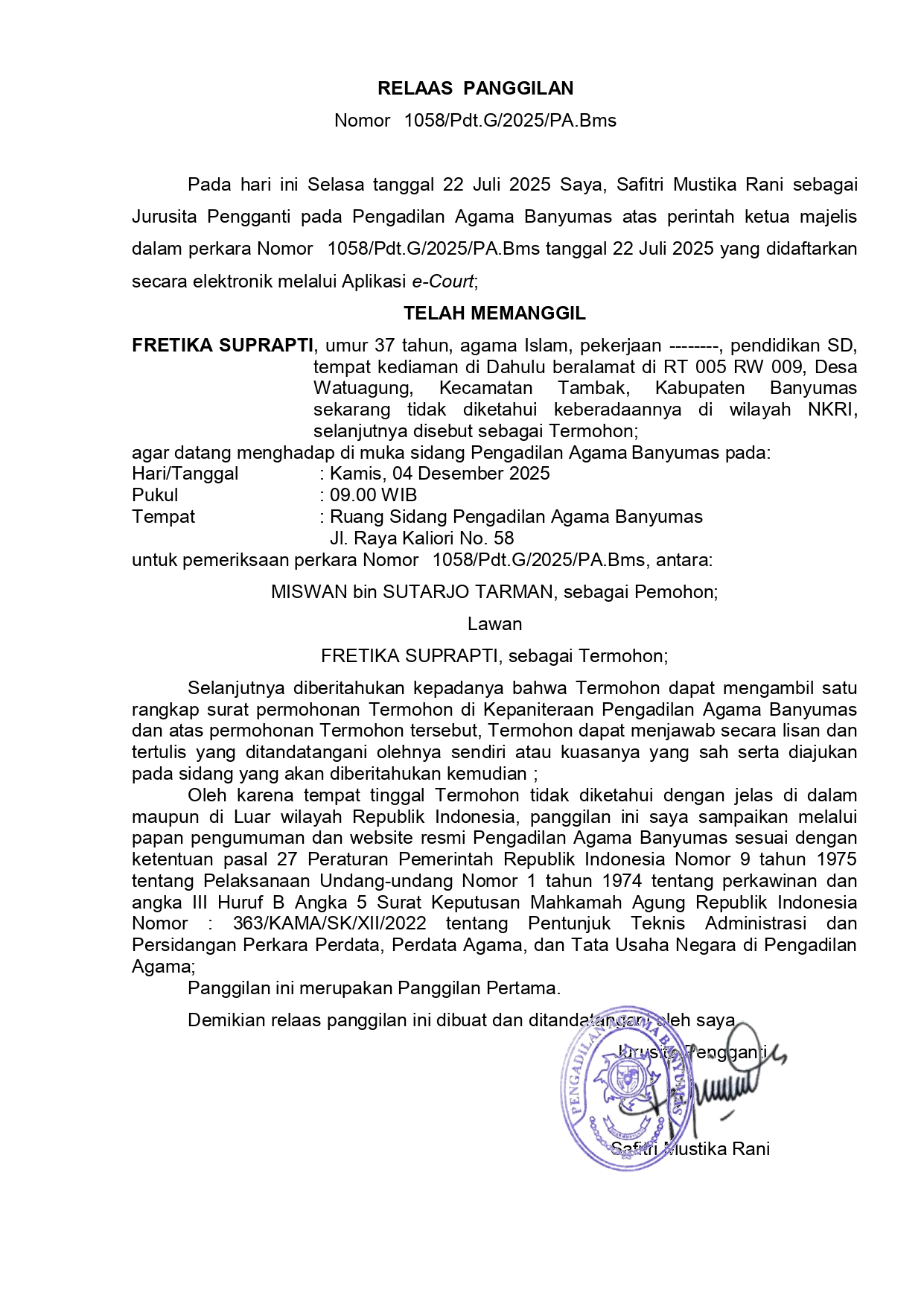 1058 Pdt.G 2025 PA.Bms surat tercatat T pertama ghoib page 0001
