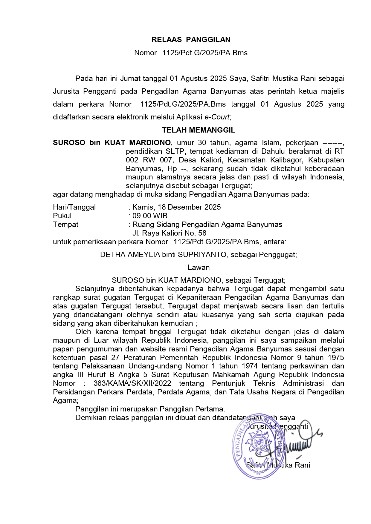 1125 Pdt.G 2025 PA.Bms surat tercatat T pertama ghoib page 0001
