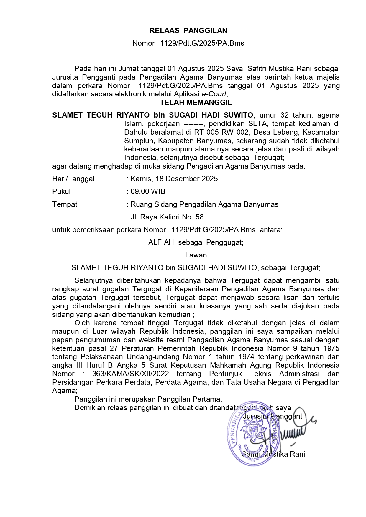 1129 Pdt.G 2025 PA.Bms surat tercatat T pertama ghoib page 0001