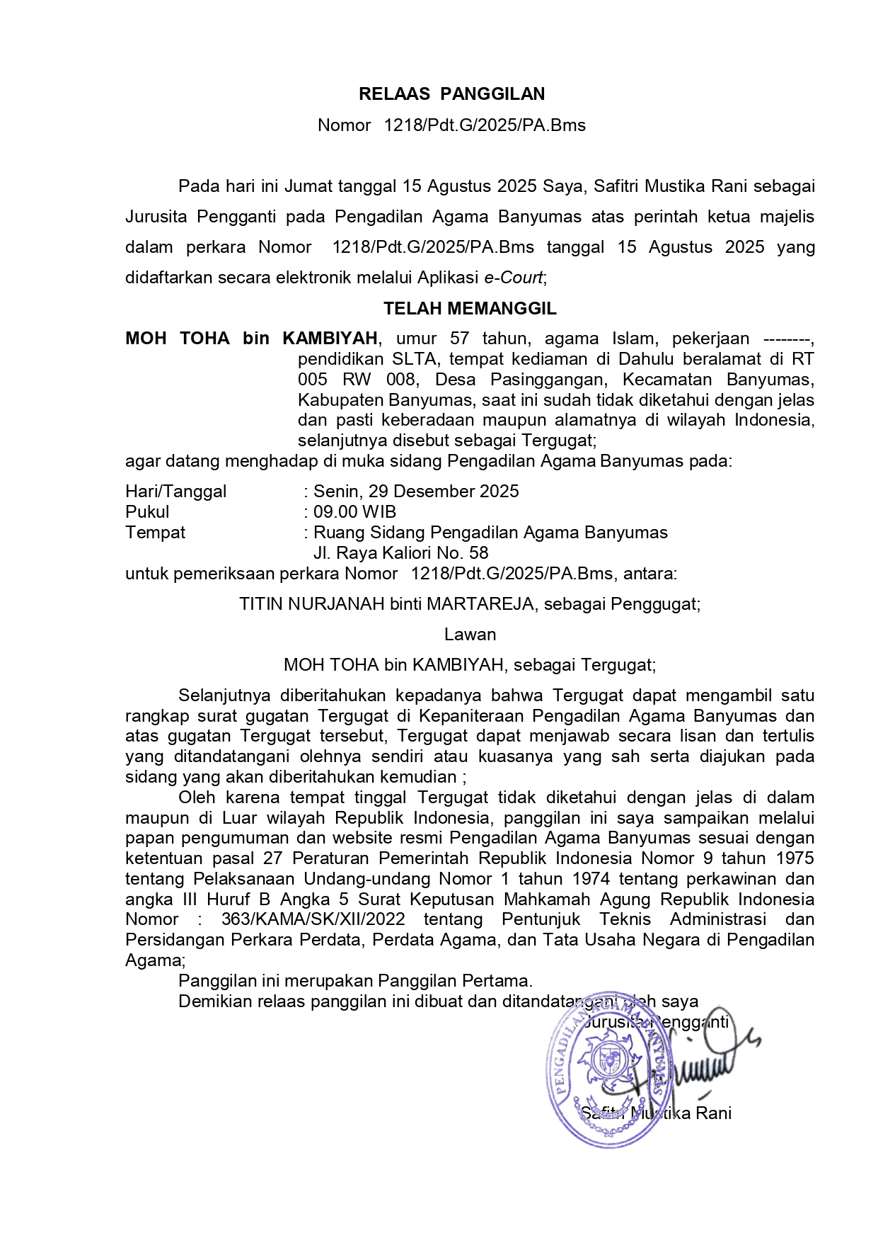 1218 Pdt.G 2025 PA.Bms surat tercatat T pertama ghoib page 0001