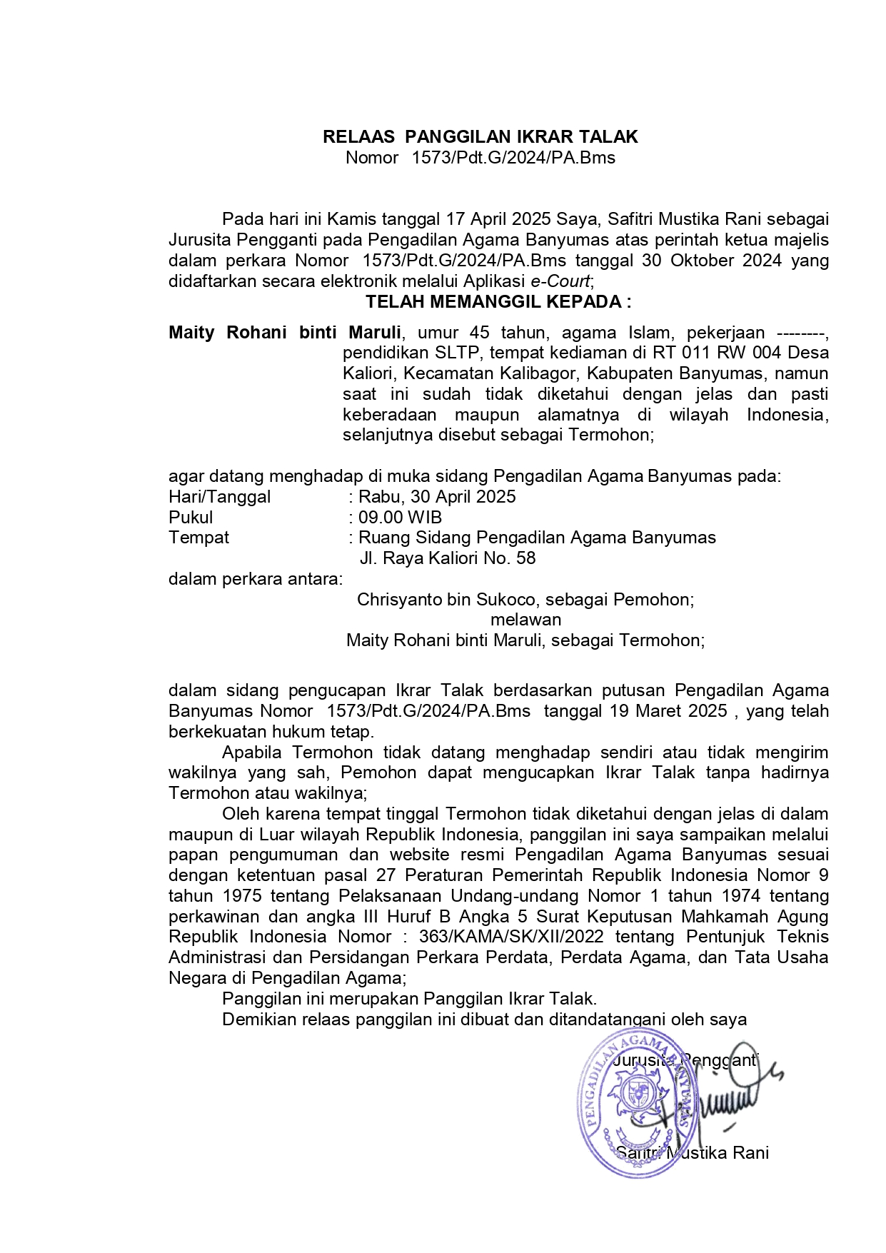 1573 Pdt.G 2024 PA.Bms surat tercatat T ikrar ghoib PTA page 0001