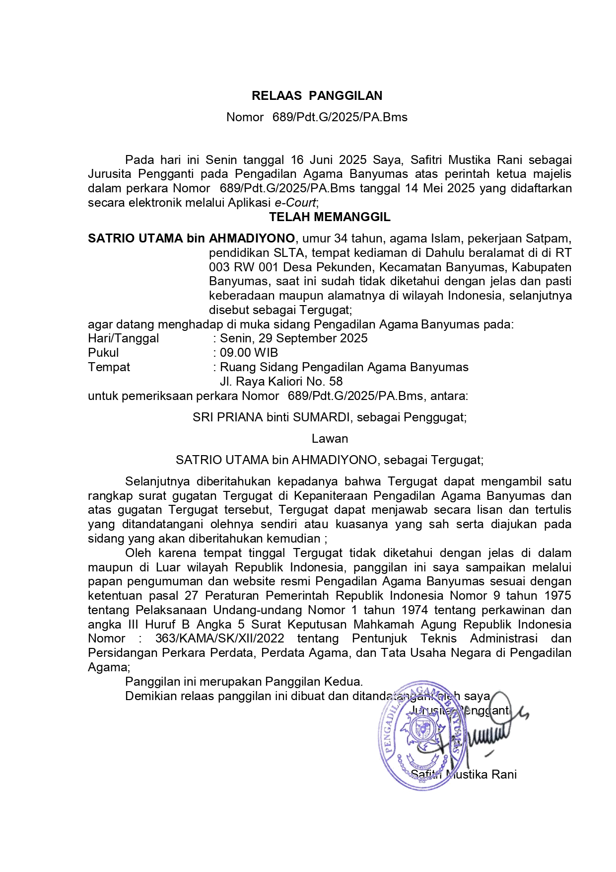 689 Pdt.G 2025 PA.Bms surat tercatat T pertama ghoib 2 page 0001