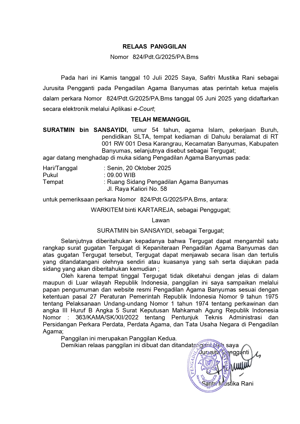 824 Pdt.G 2025 PA.Bms surat tercatat T pertama ghoib 1 page 0001