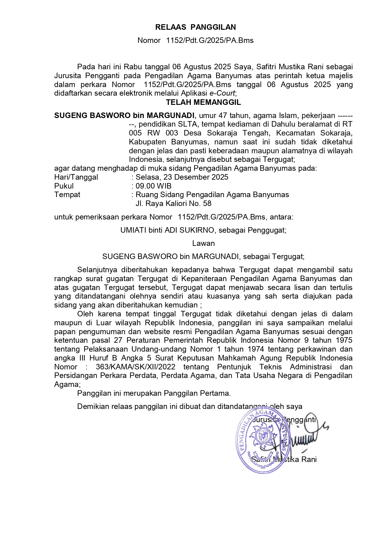 1152 Pdt.G 2025 PA.Bms surat tercatat T pertama ghoib page 0001