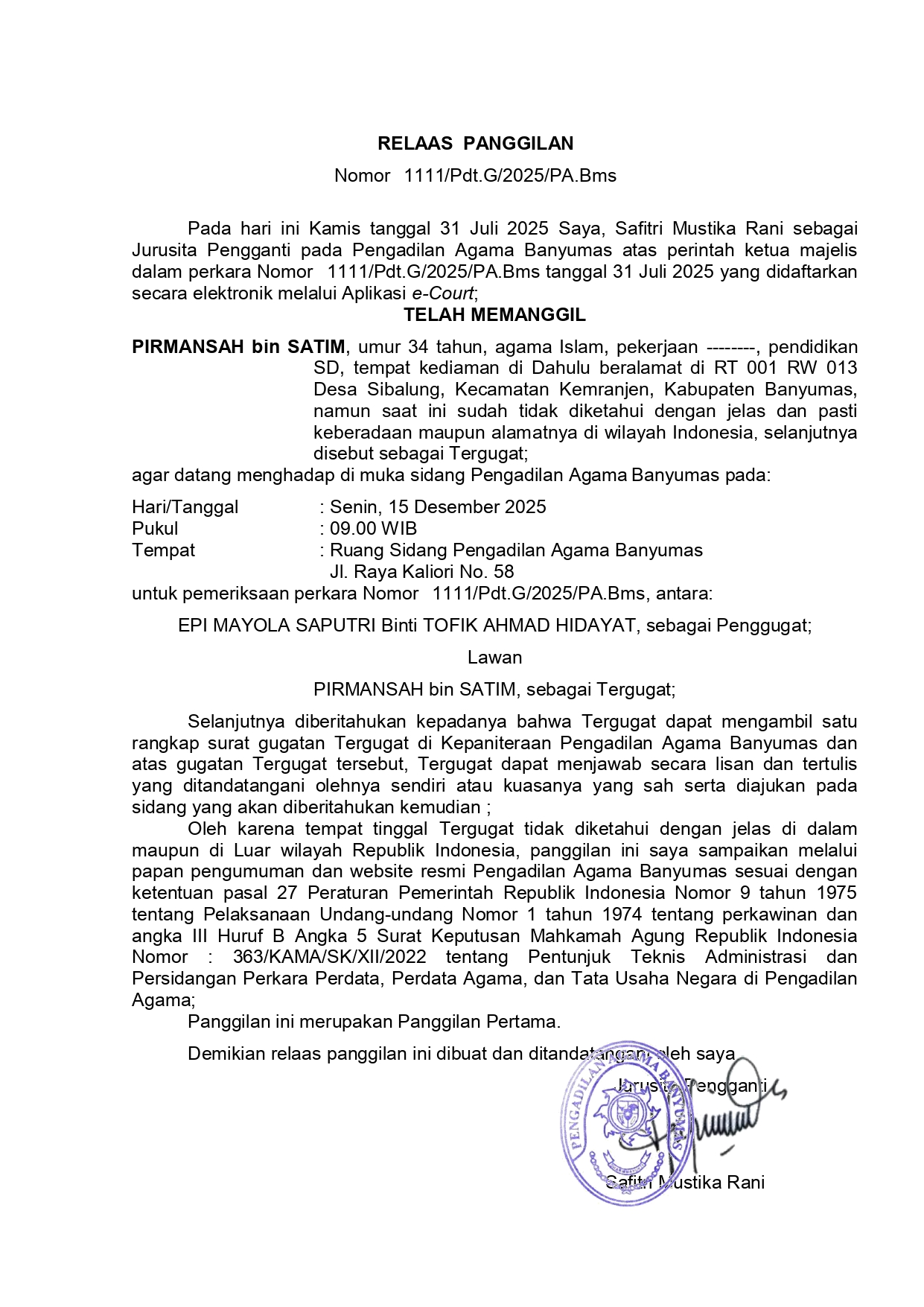 1111 Pdt.G 2025 PA.Bms surat tercatat T pertama ghoib page 0001