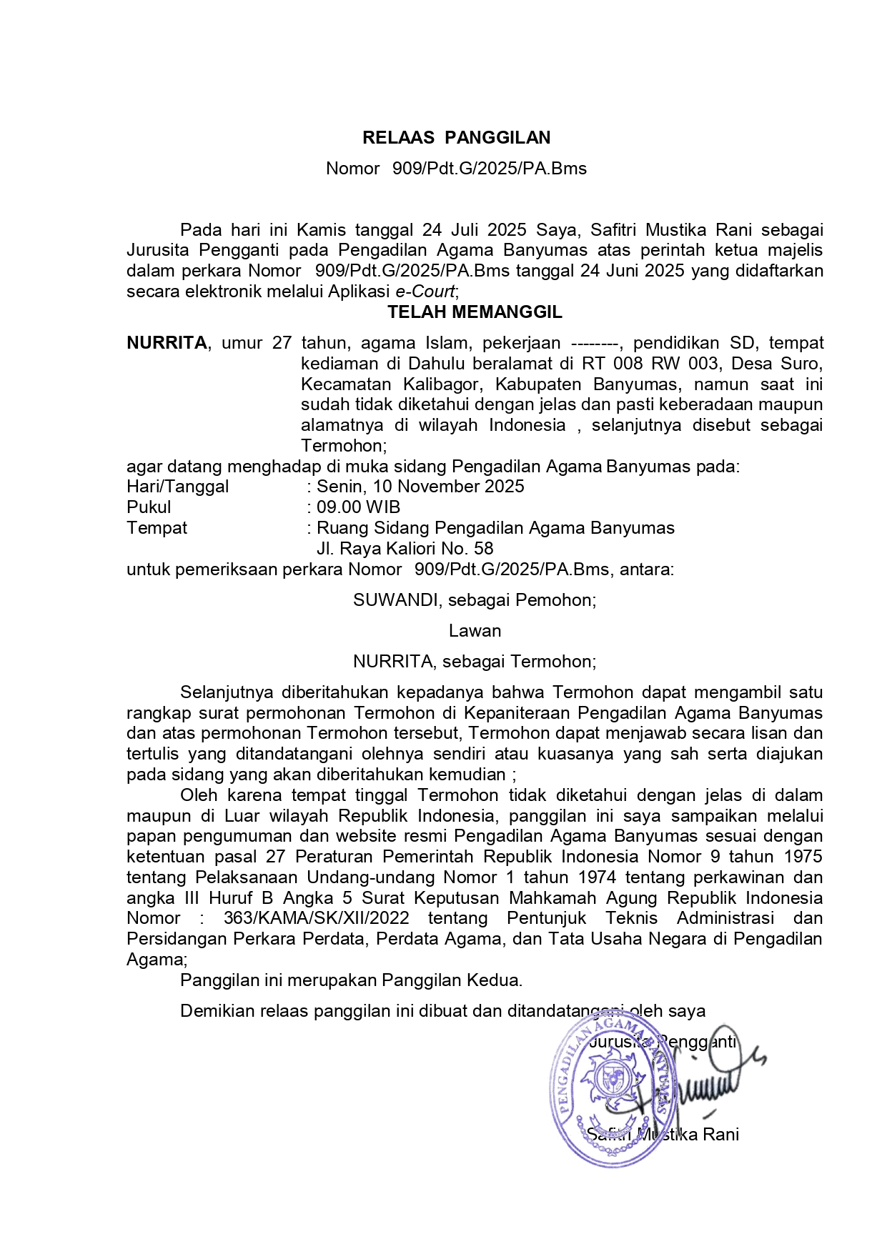 909 Pdt.G 2025 PA.Bms surat tercatat T pertama ghoib 2 page 0001